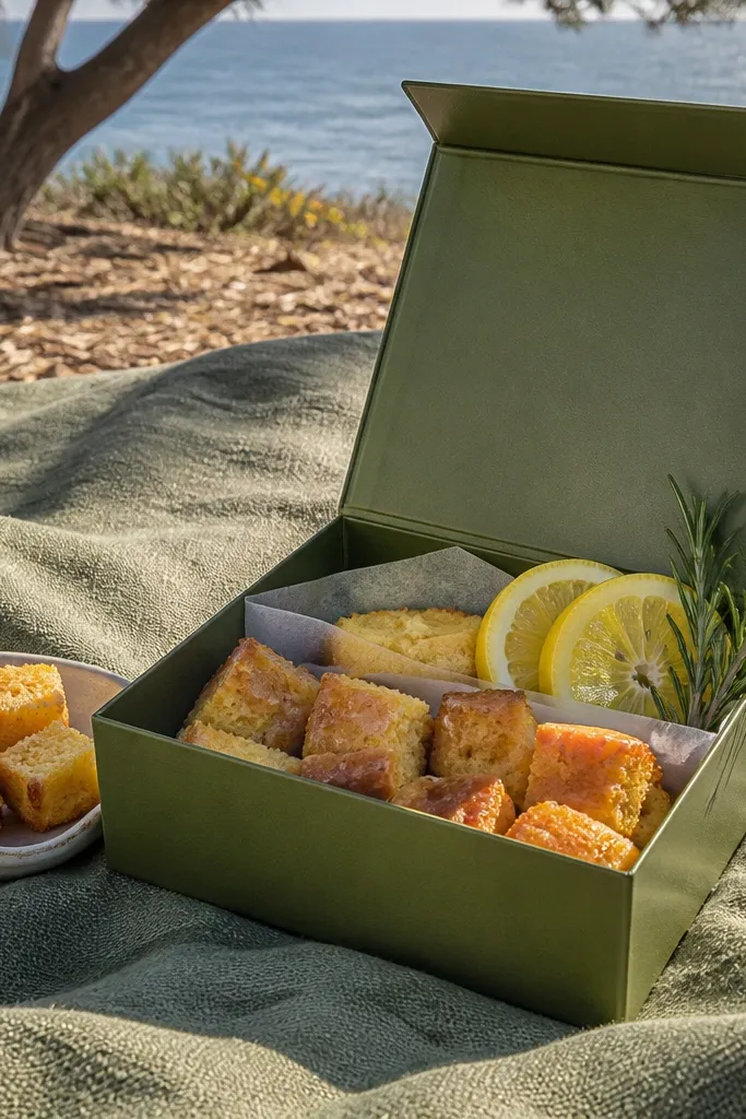 Olive green box with lemon accents, picnic napkins, and olive oil cake bites