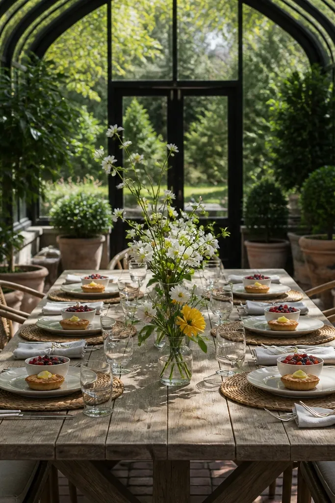 Outdoor patio table with small bouquets at each seat and matching brunch plates