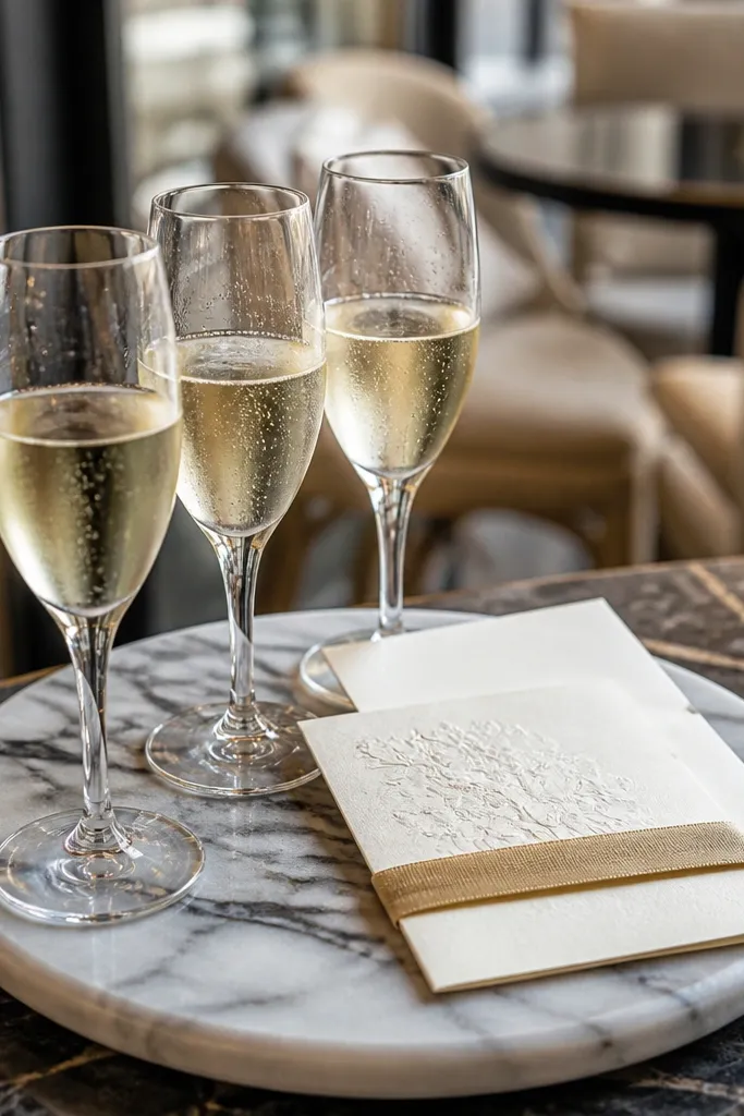 Marble tray with proposal cards and small champagne glasses on a brunch table