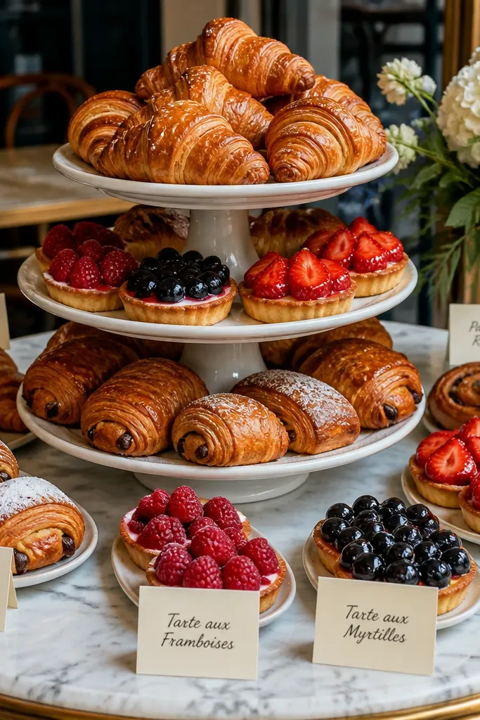 Pastry tower centerpiece with name tags and brunch croissants on a table