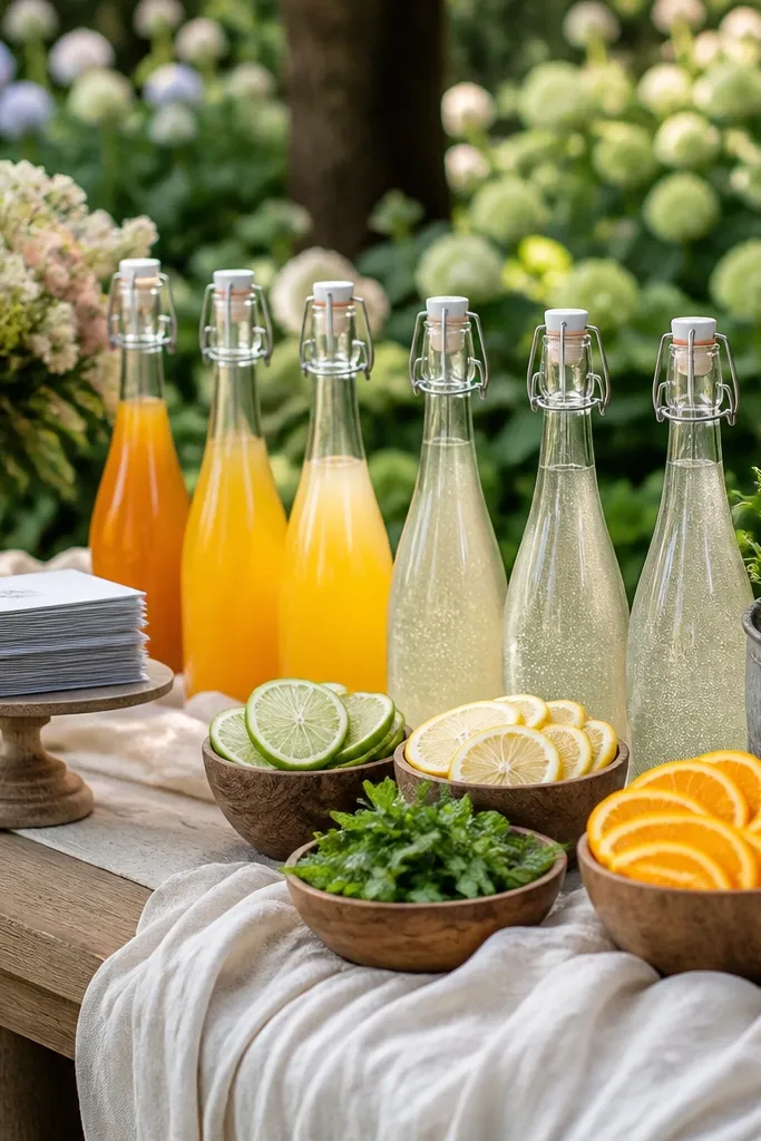 Mimosa bar setup with citrus slices and a neat lineup of bottles