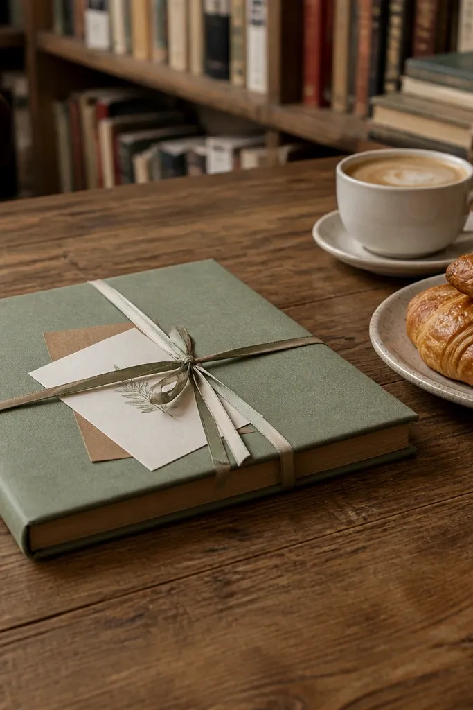 Brunch table next to bookshelves with wrapped gifts and proposal cards