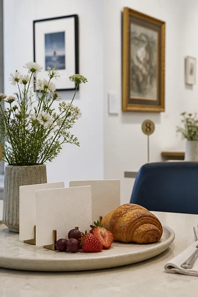 Brunch table with simple table numbers and a minimal, art-like centerpiece