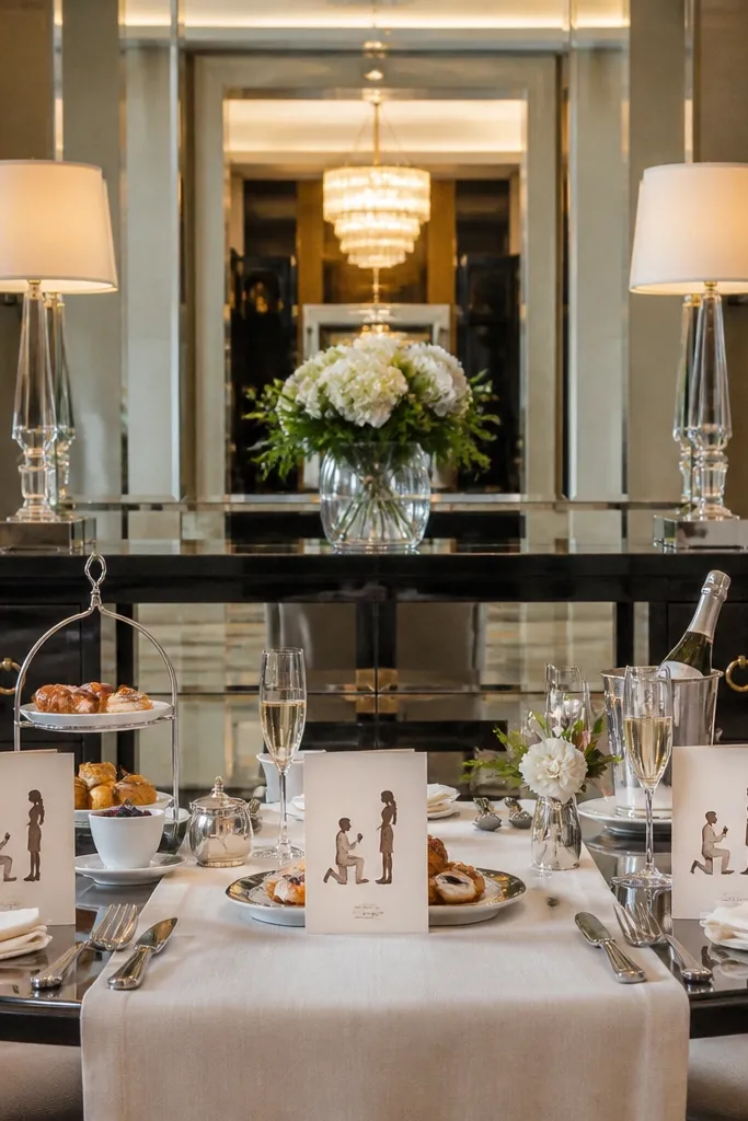 Hotel lobby console table with florals and brunch set out for a proposal moment