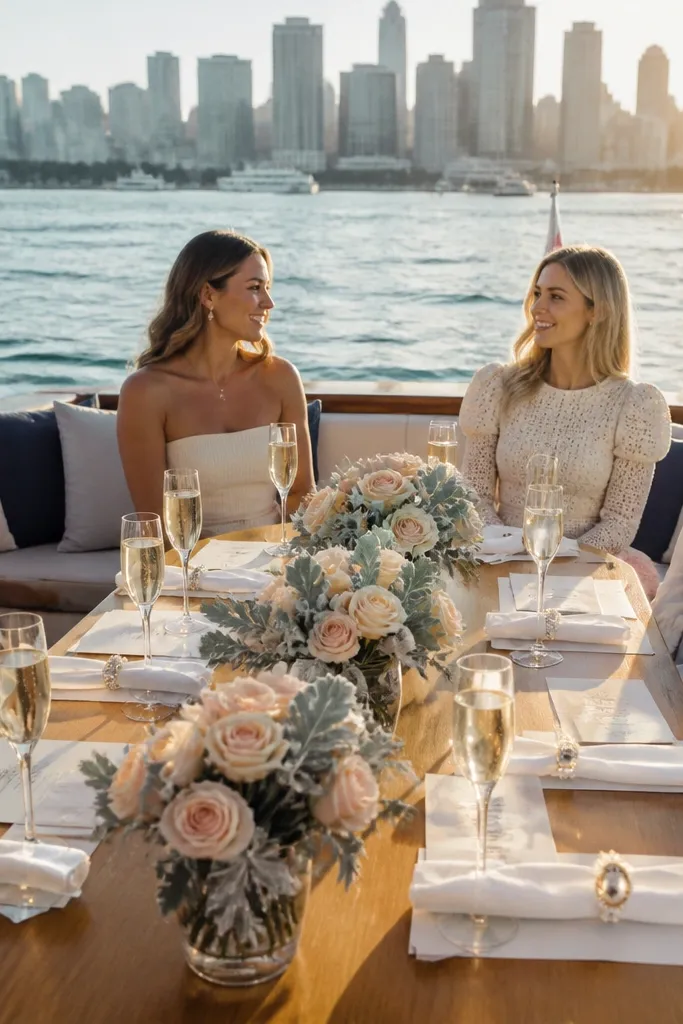 Boat brunch table with champagne glasses and small flower centerpieces