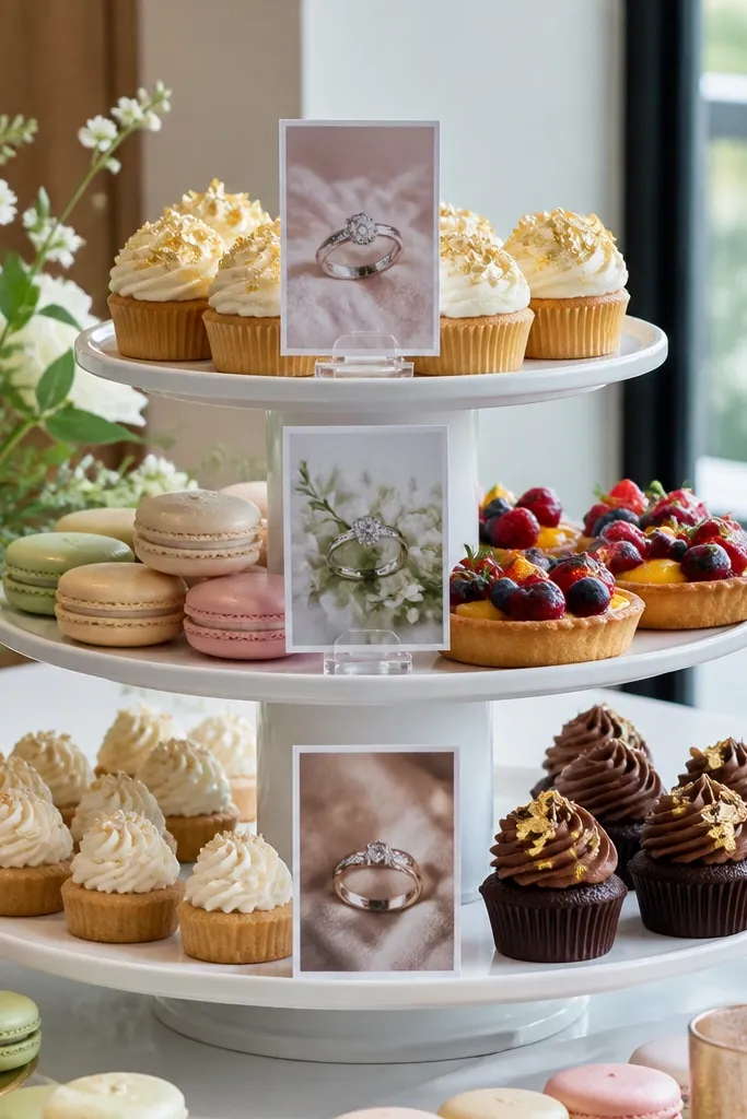 Tiered cake stand with proposal cards and brunch desserts on a table