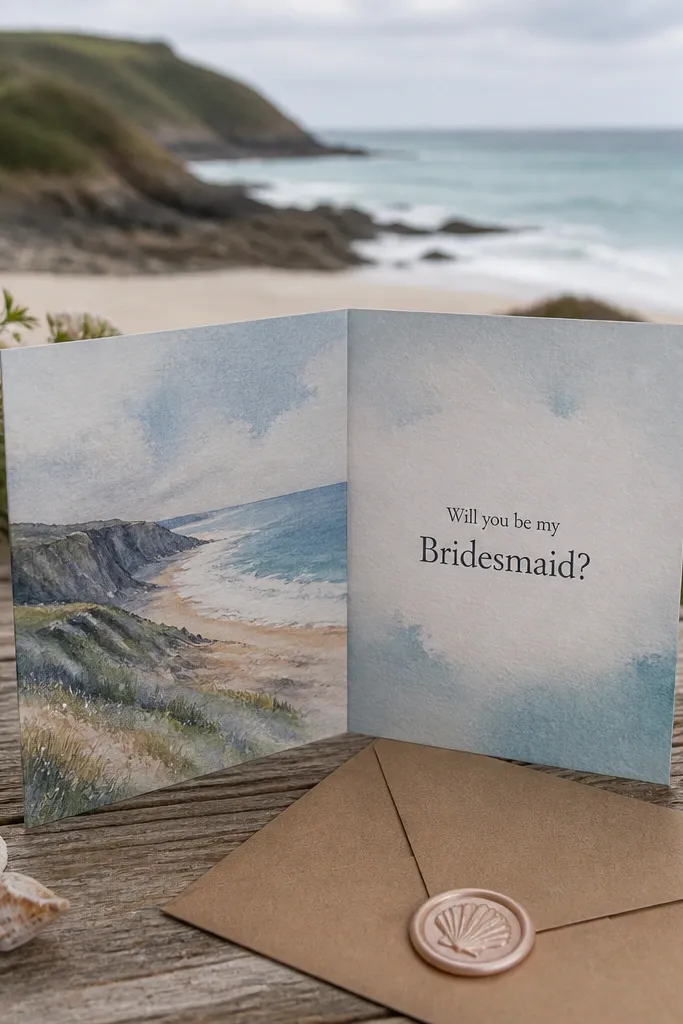 A fold-out card with a watercolor coastline illustration opening to the bridesmaid text.