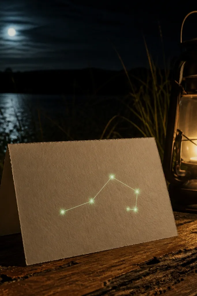 A dark card with a constellation line and a small glowing yes text area.