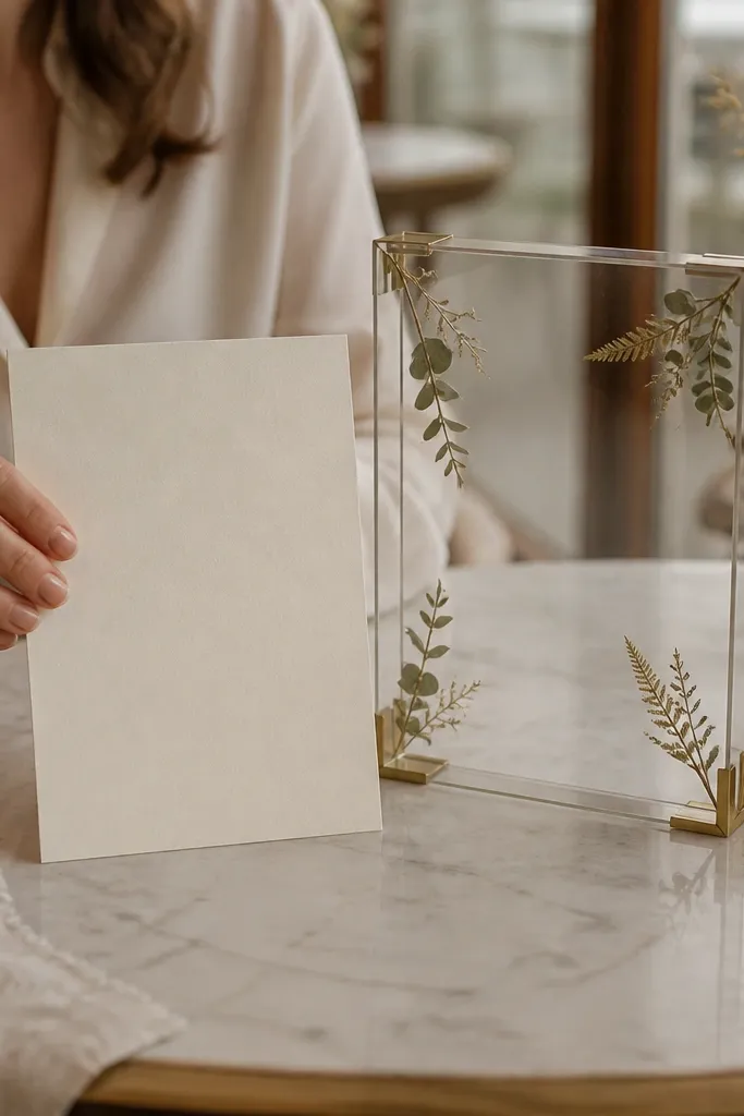 A terrarium-style frame illustration with small botanical sprigs and text inside.