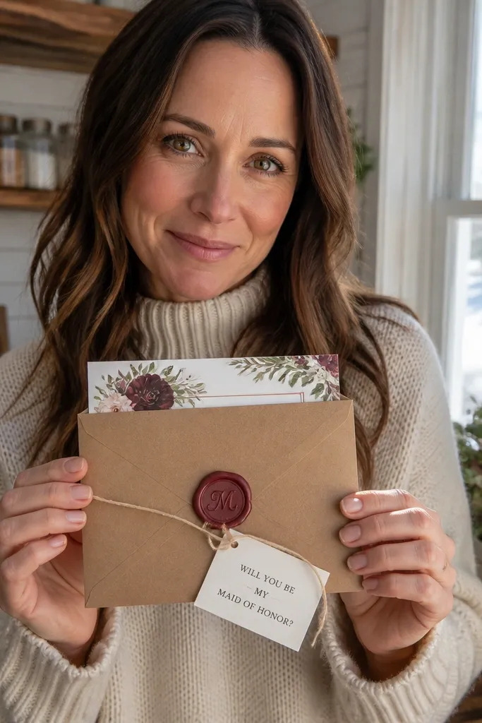 A card with a wax seal sticker initials and a small paper tag message.