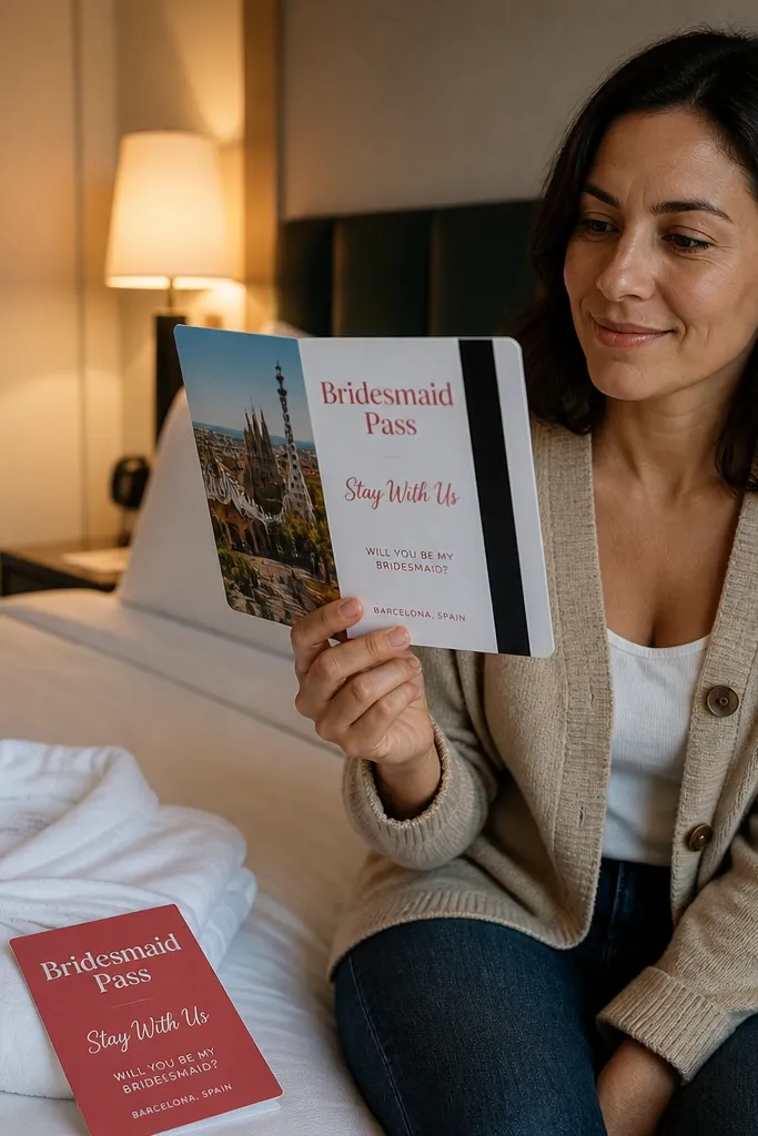 A card with a faux hotel keycard insert and a bridesmaid text panel.