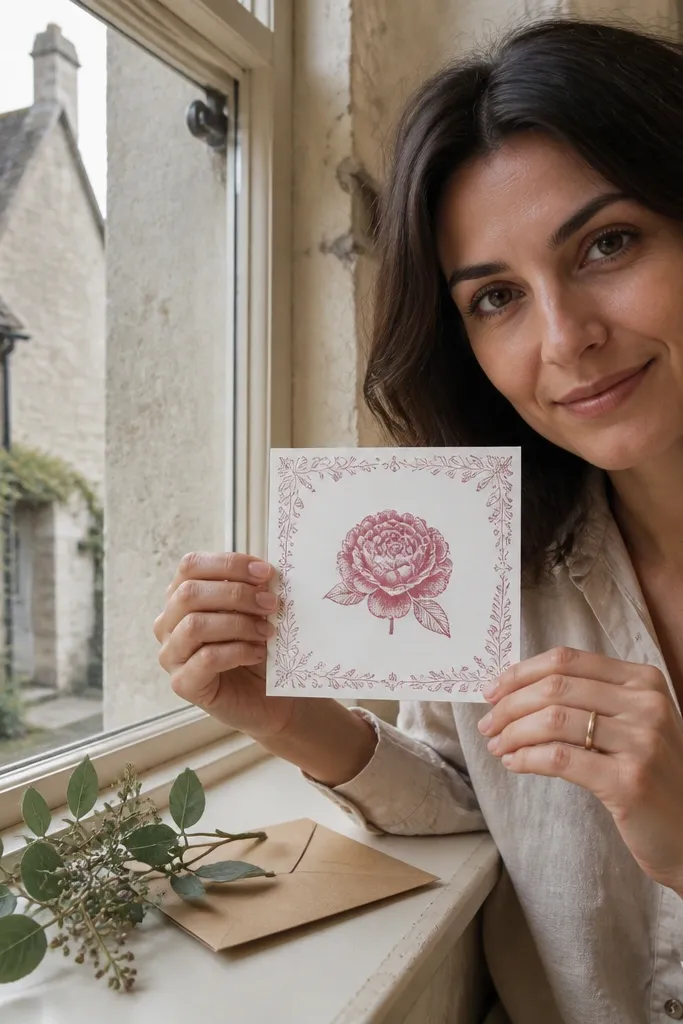 A card with a thin botanical border and a single bold flower stamp graphic.