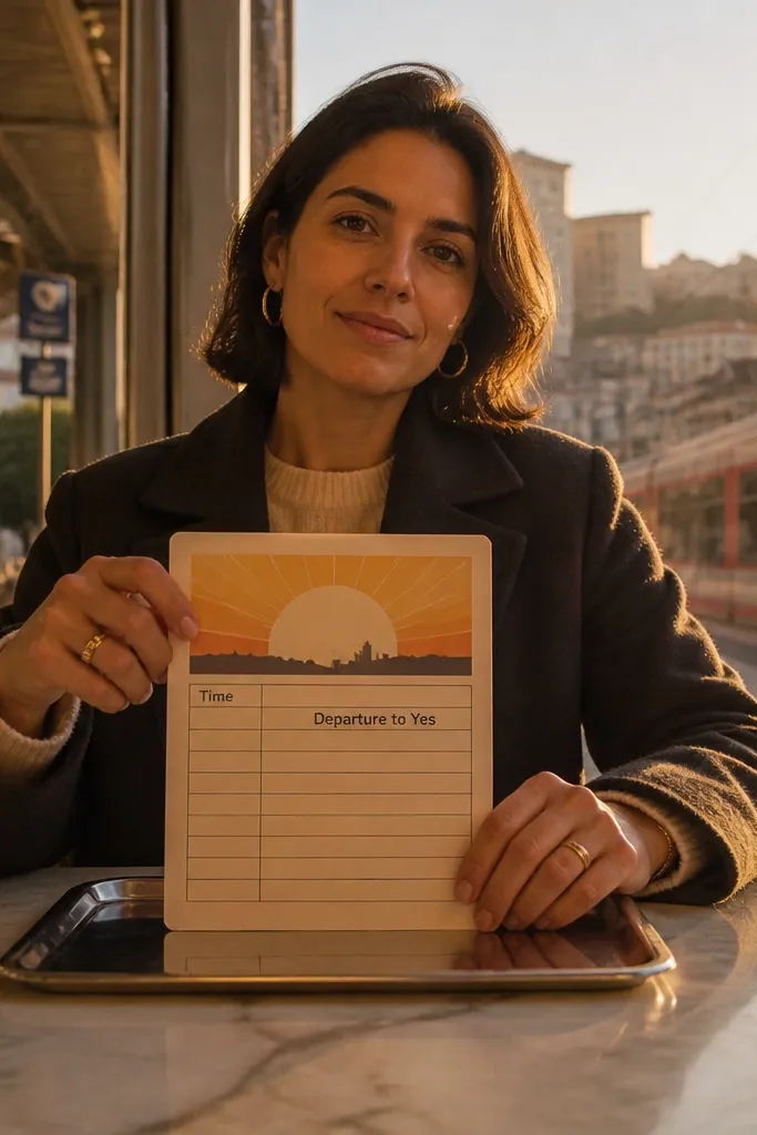 A card styled like a sunrise schedule with a bold departure-to-yes message.