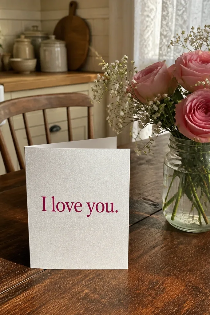 Ivory card with bold centered text and a short romantic line