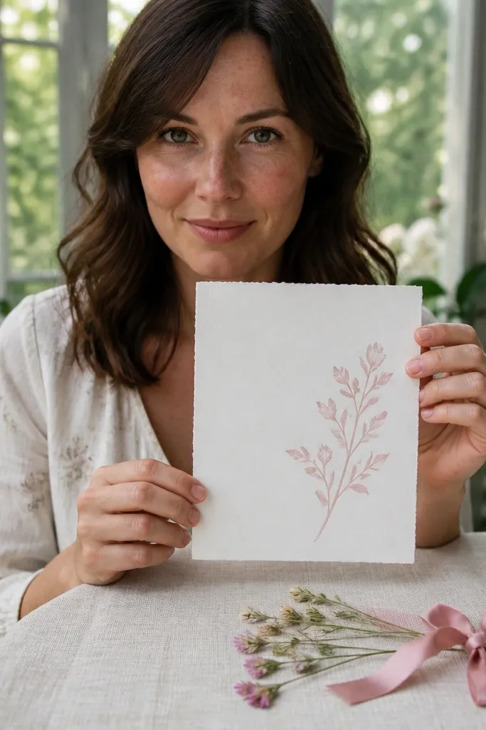 Soft floral card with text about dresses and details