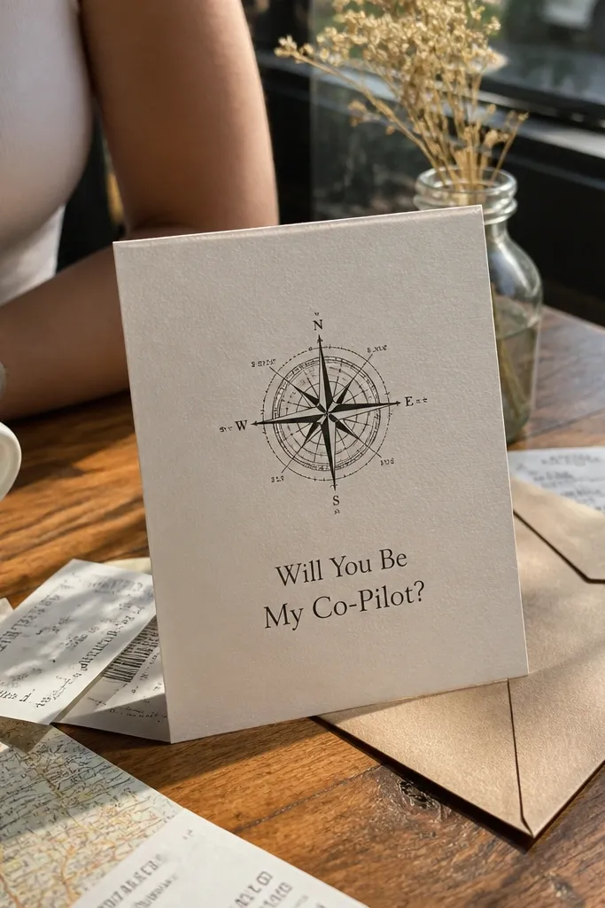 Sage green card with a nautical or travel-style ask