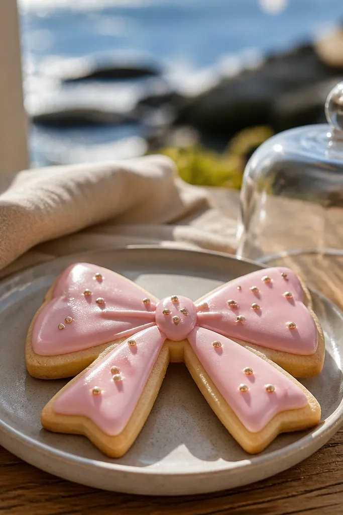 Blush bow shortbread cookies with thin gold accents on a white box liner