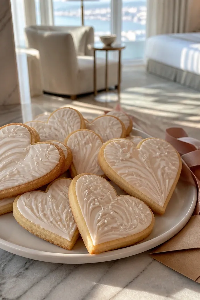 Marble-effect heart cookies with white swirls and small pearl dots