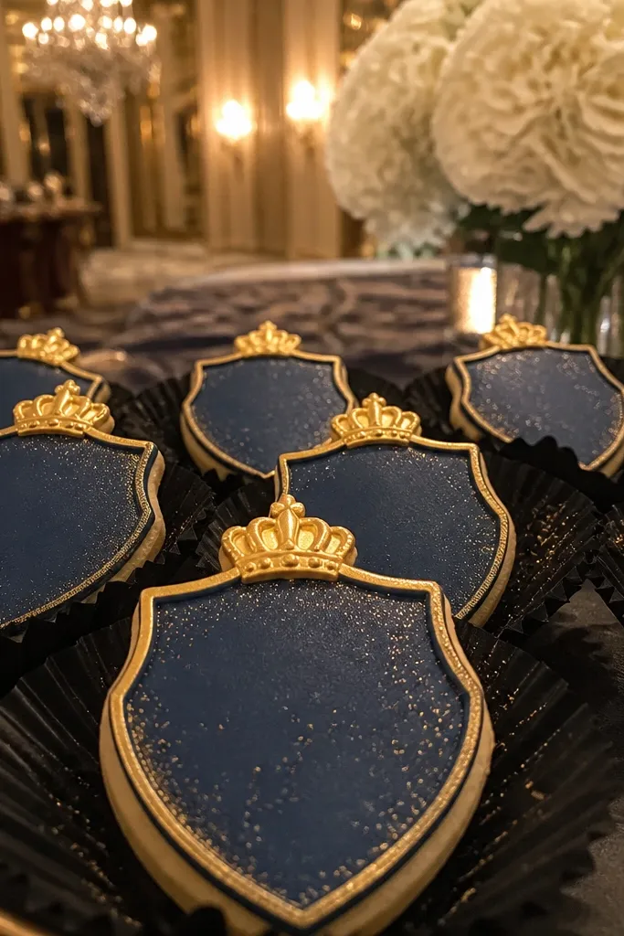 Navy crest cookies with a simple gold crown outline and thin border