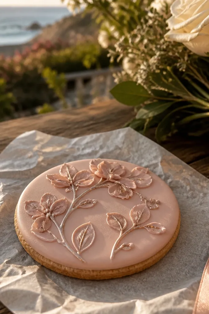 Blush floral cookie with rose-gold dots and a soft petal pattern