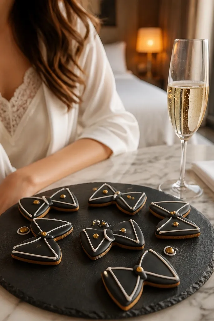 Black bow cookies with white icing stripes and small gold dots