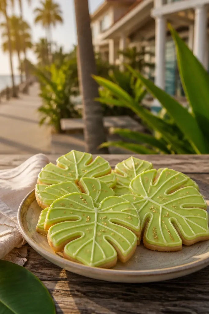 Lime-glazed cookies with tropical leaf designs and gold confetti dots