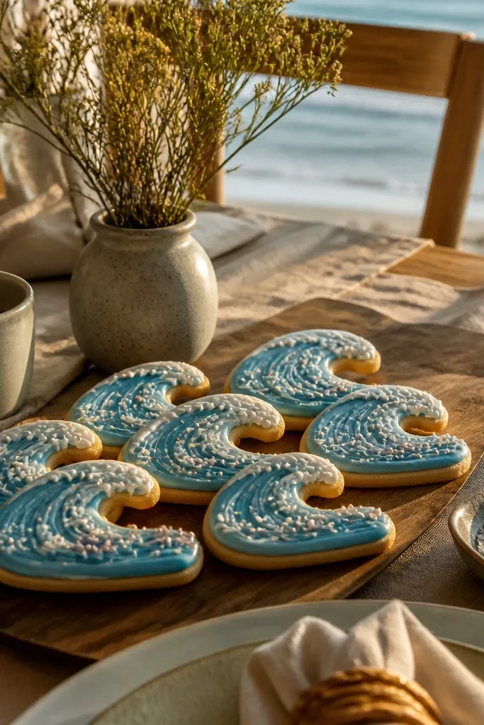 Ocean blue cookie with wave lines and pearl dots like small shells