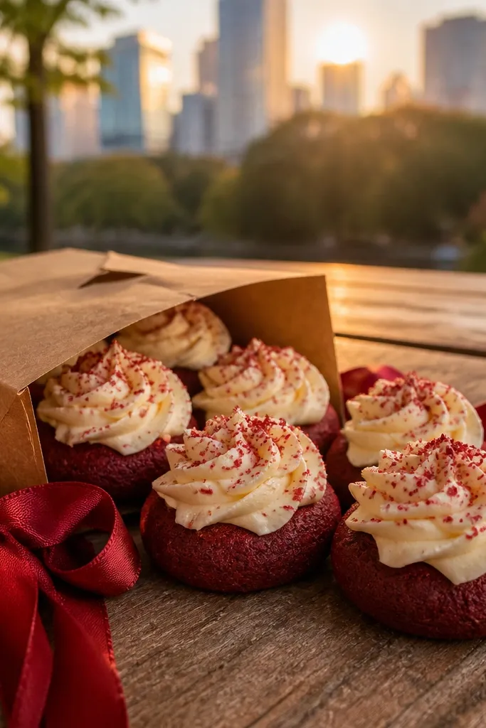 Red velvet cookies topped with cream icing swirls and tiny gold sprinkles