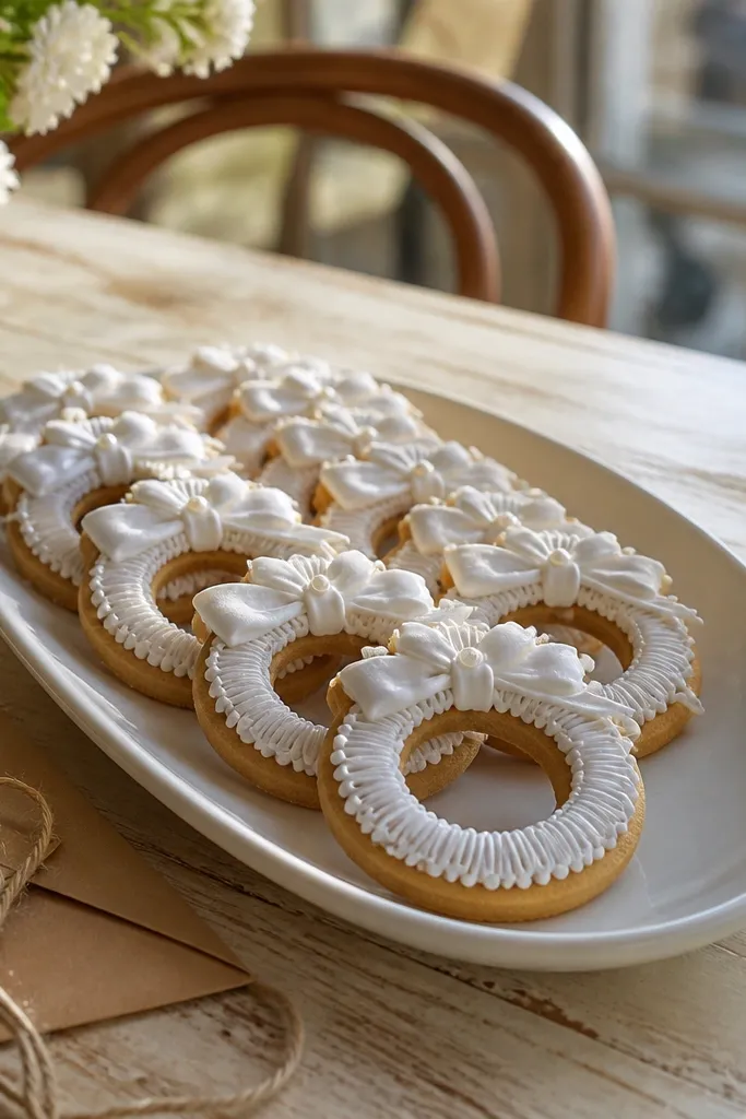 Ring-shaped cookies with white icing bow and pearl dots along the edge