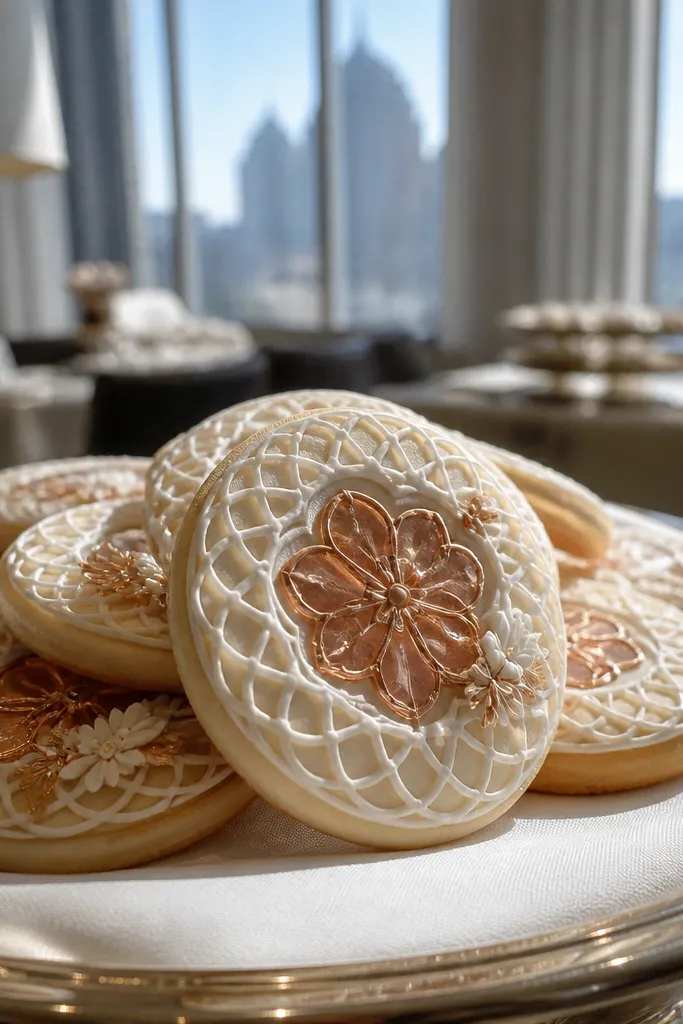 Cookie with floral lattice icing and a clear sugar window center