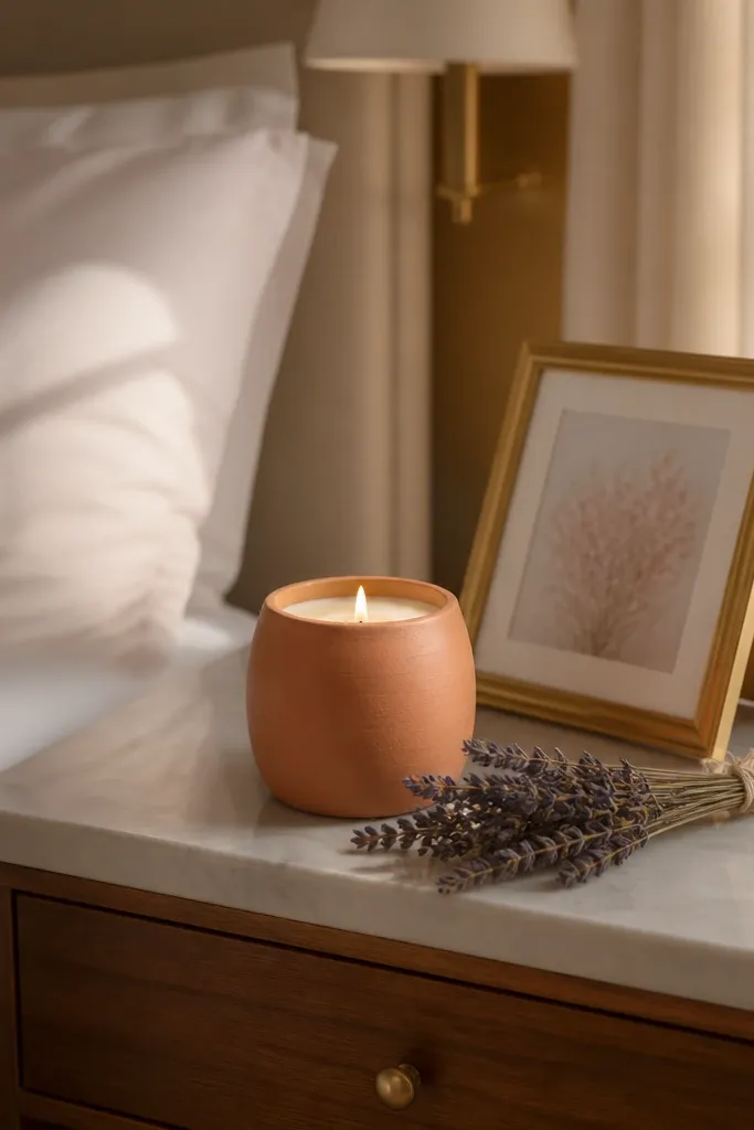 Terracotta candle jar with a small tied lavender bundle and cream ribbon