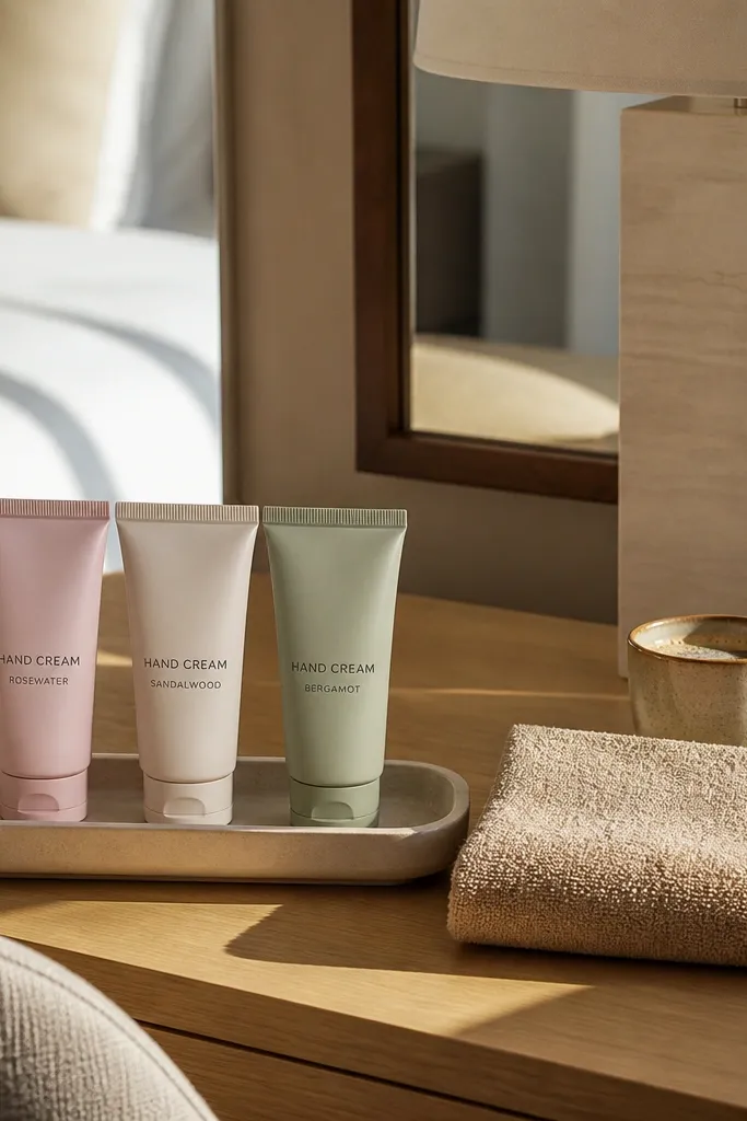 Three small hand creams in a mini tray with matching labels and ribbon