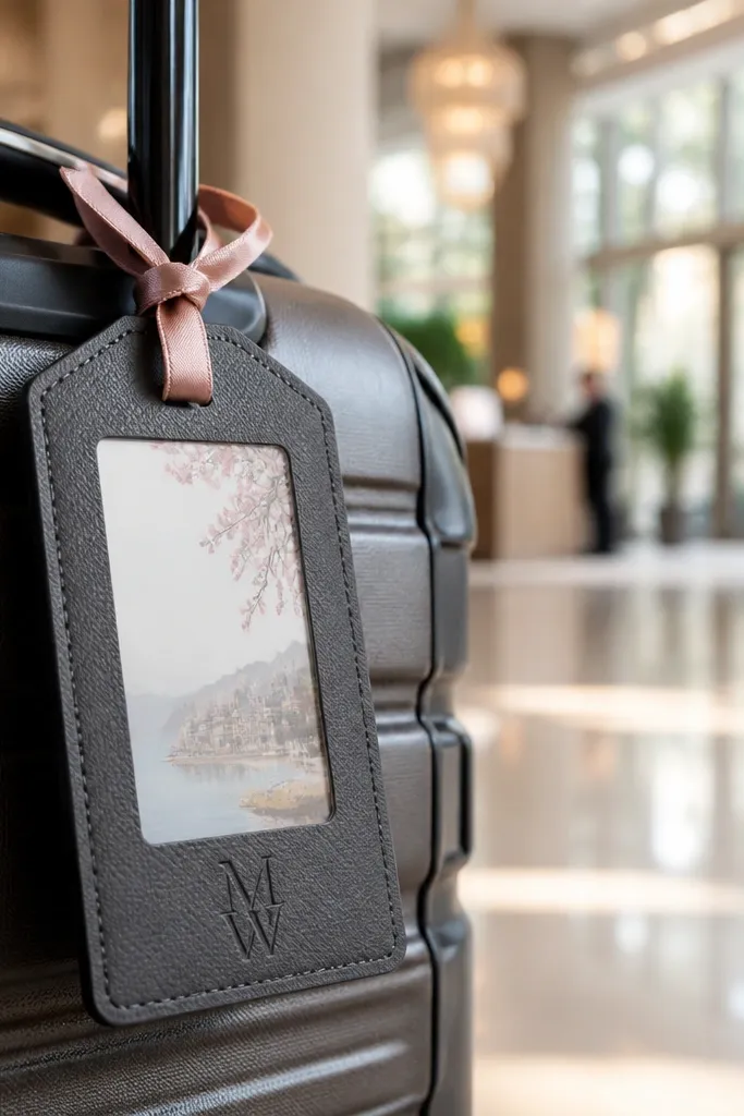 Luggage tag with name and a satin ribbon loop in blush and gold