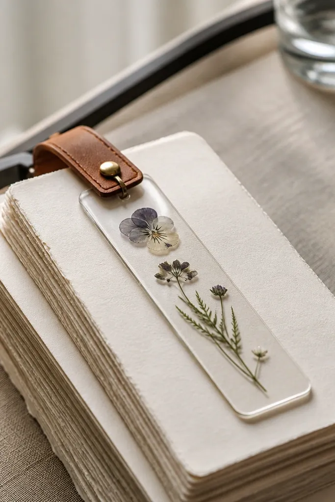 Pressed wildflower bookmark clipped to a small leather tag on a cream card