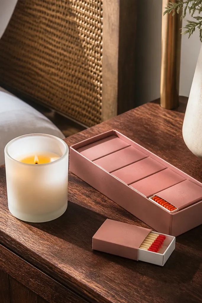 Two matchboxes with a color band and a small candle-scent label card