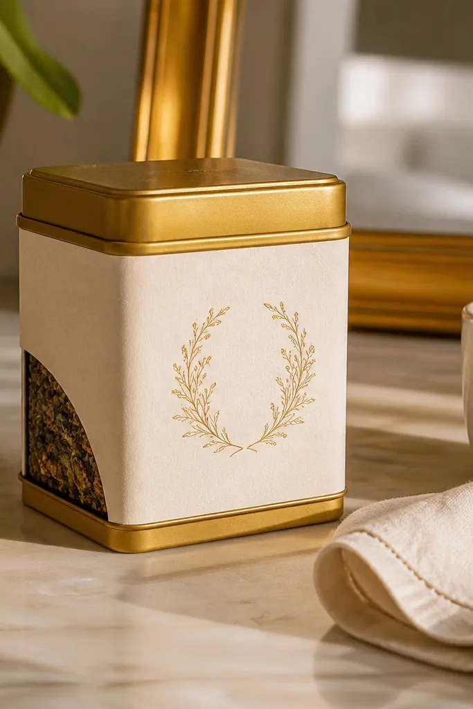 Gold foil tea tin labeled bridesmaid with loose tea visible through a window