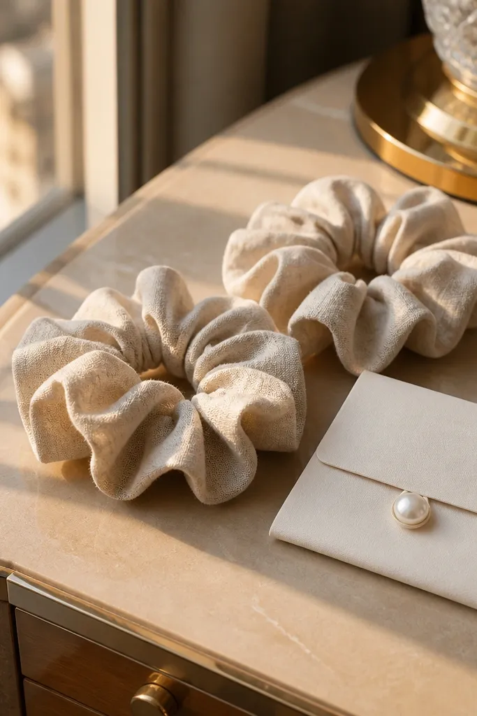 Two linen scrunchies and a pearl button attached to a cream card