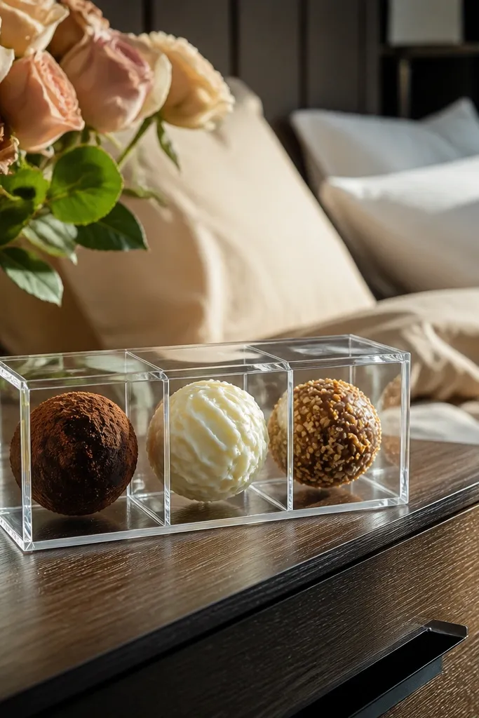 Clear acrylic mini box with three truffles in separate wells and a gold ribbon