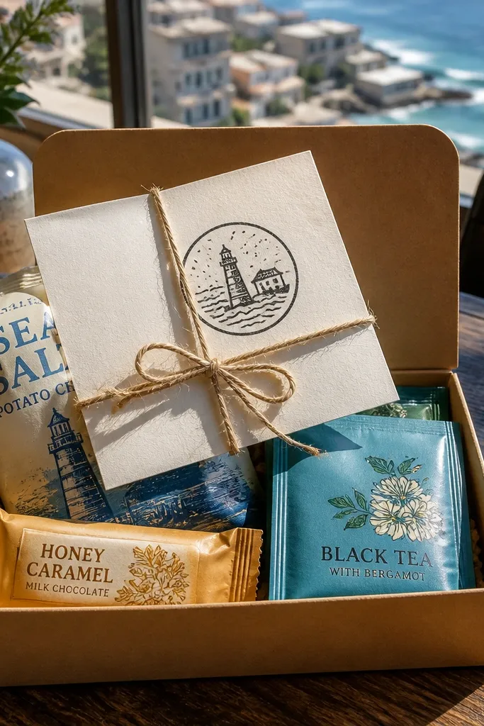 Small box of snacks with a folded note stamped like a passport