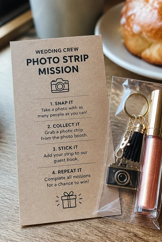 Small card with -strip instructions and a tiny wrapped prize