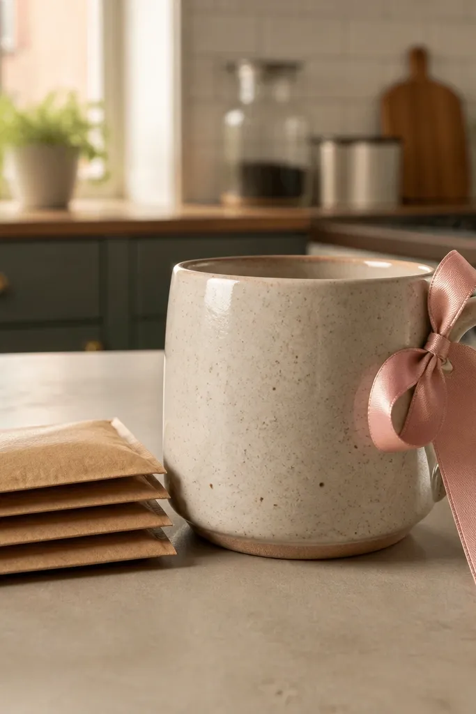 Small tea or coffee packets with a tag tied to a mug