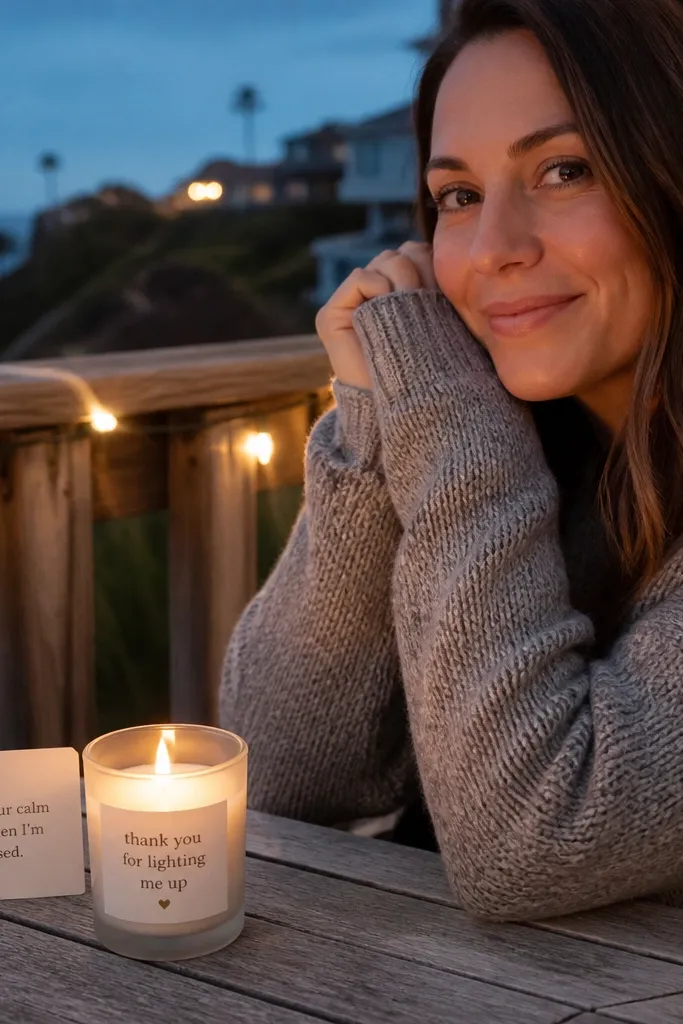 Small candle with a label and a folded thank-you card