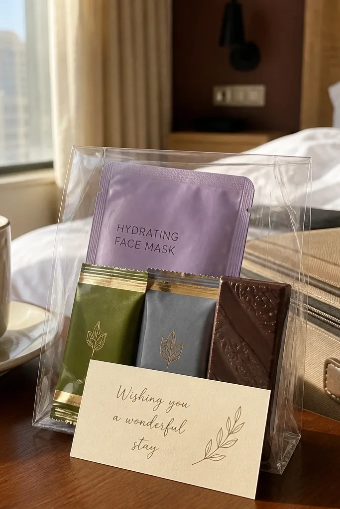Clear bag with a small snack and spa item plus a note
