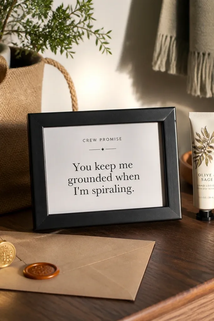 Small frame with a printed card that says crew promise