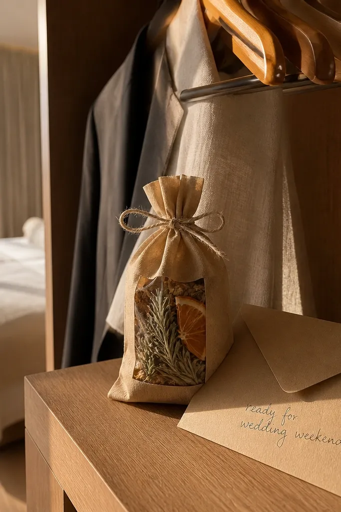 Small fabric sachets with rosemary or citrus and a wedding note