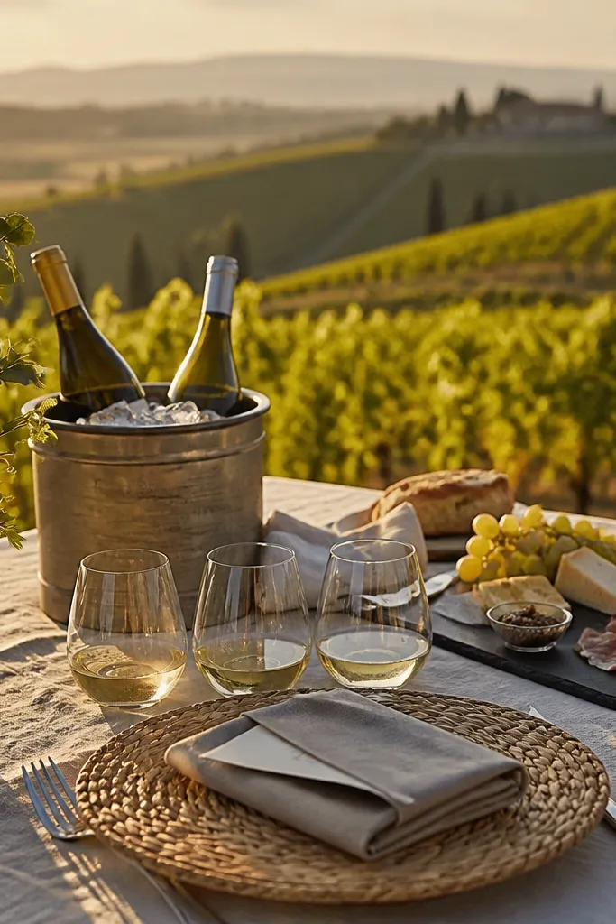Picnic blanket with wine glasses and small cards tucked under a napkin