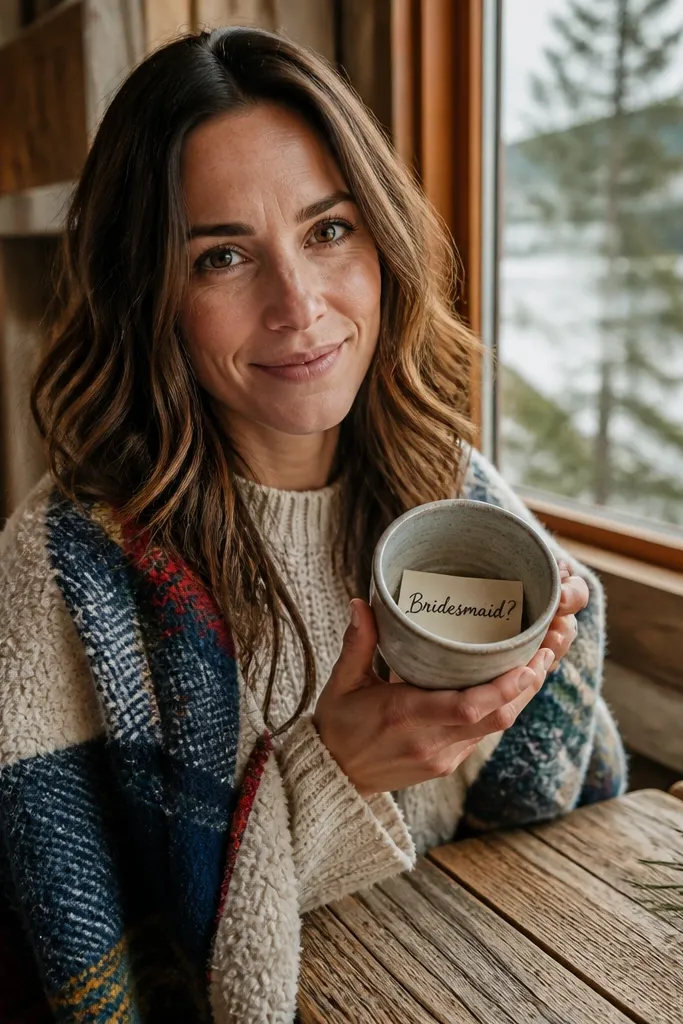 Friends in cozy cabin holding mugs with matching ribbons