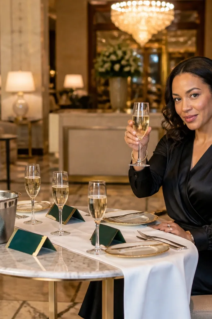 Champagne glasses on a hotel table with name cards laid out