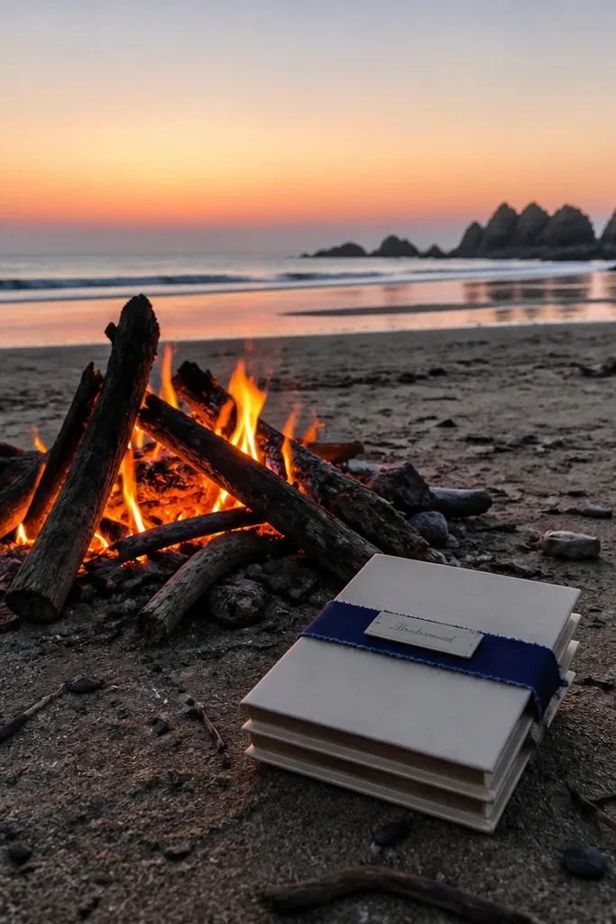 Friends by a beach bonfire holding matchbooks with ribbons