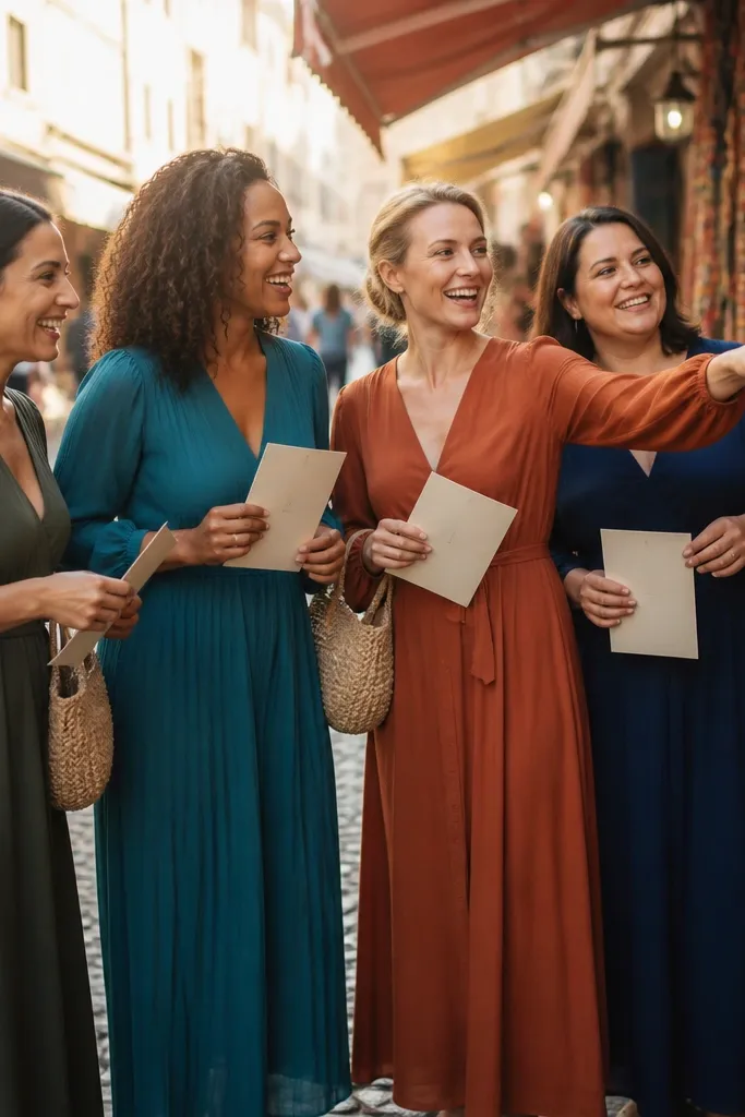 Friends at an outdoor market holding shopping-list cards and small bags